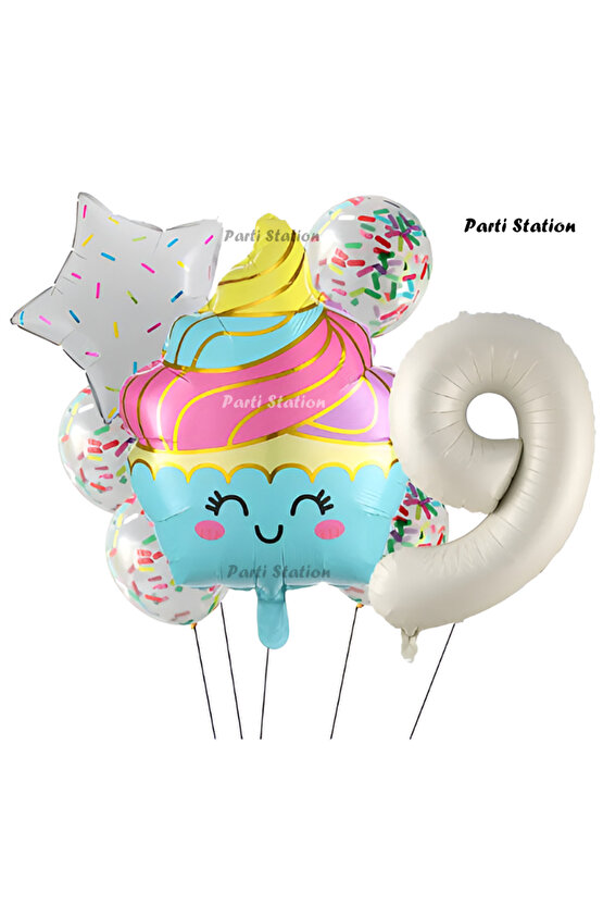 Dondurma Cupcake Konsept 9 Yaş Doğum Günü Balon Set İce Cream Cupcake Şef Tema Doğum Günü Balon Set