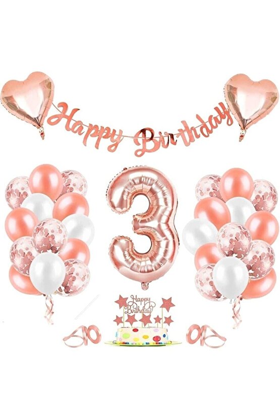 Rose Gold 3 Yaş Folyo Balon Seti Ve Happy Birthday Banner Rosegold Doğum Günü Parti Seti