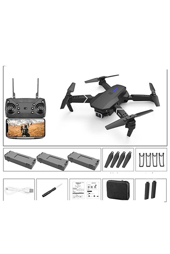 E88 DRONE 4K HD ÇİFT KAMERALI DRONE APP KONTROL WİFİ Lİ KATLANABİLİR QUATCOPTER X3 BATARYA Uyumlu