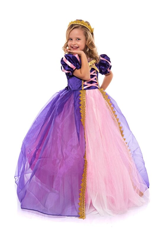 Rapunzel Kostüm - Kabarık Rapunzel Kostüm - Taçlı Pelerinli Rapunzel Kostüm - Tarlatanlı
