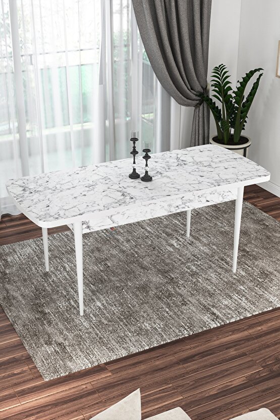 Rovena Alya Beyaz Mermer Desen 80x132 Açılabilir Mdf Yemek Masası Takımı 4 Adet Sandalye BH11070