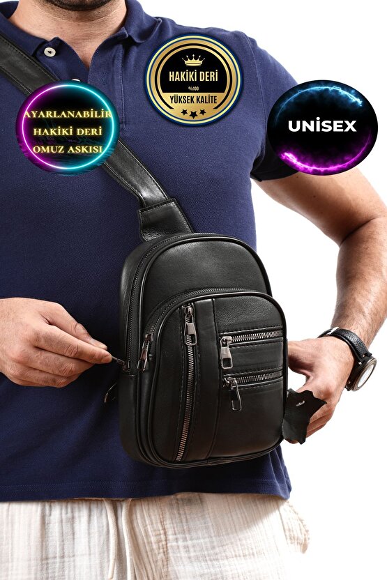 Unisex Siyah Hakiki Deri Badybag Çanta Ultra Kullanışlı Bol Fermuarlı