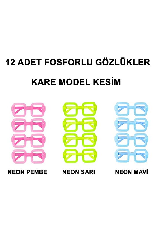 Ends Fosforlu Kare Model Glow Parti Gözlüğü Karanlıkta Yanan Gözlükler 12 Adet