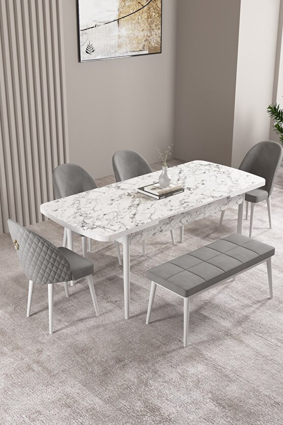 Milas Beyaz Mermer Desen 80x132 Mdf Açılabilir Mutfak Masası Takımı 4 Sandalye, 1 Bench