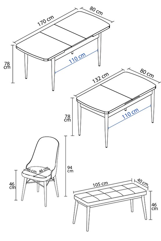 Ella Beyaz Mermer Desen 80x132 Mdf Açılabilir Mutfak Masası Takımı 4 Sandalye , 1 Bench