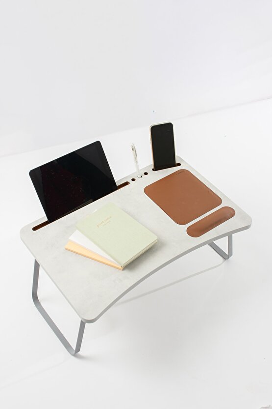 Şık Ve Dayanıklı Taş Desenli Mdf & Lüks Deri Kaplamalı Büyük Boy Katlanabilir Laptop Sehpası,masası