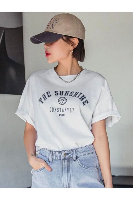 Kadın Oversize The Sunshine Baskılı Beyaz Tshirt