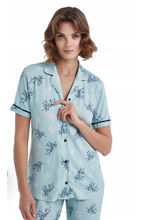 Kadın Kısa Kollu Gömlek Yaka Pijama Takımı- 51411-Açık Yeşil