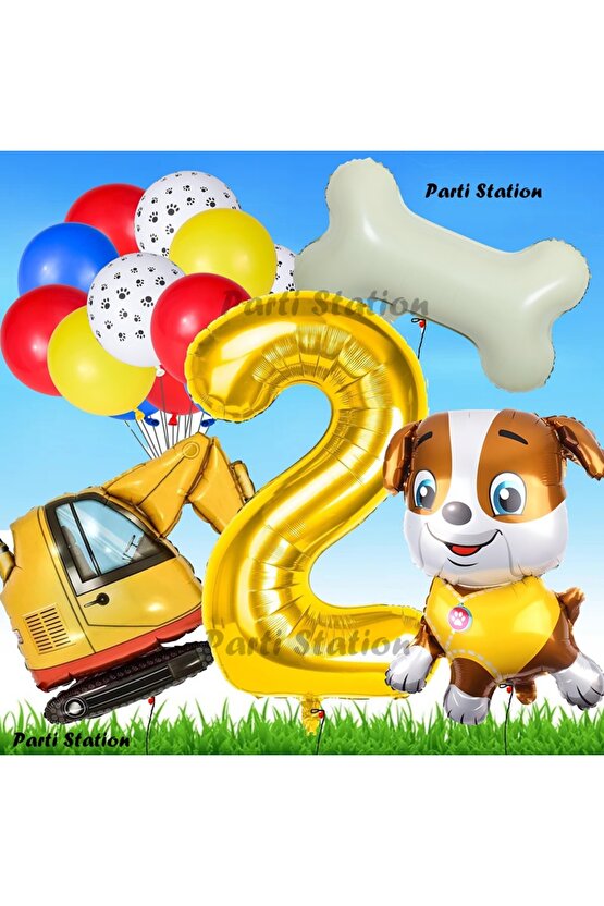 Paw Patrol Rubble Dozer Araçlı Köpek Konsept 2 Yaş Doğum Günü Parti Balon Set Paw Patrol Kemik Balon