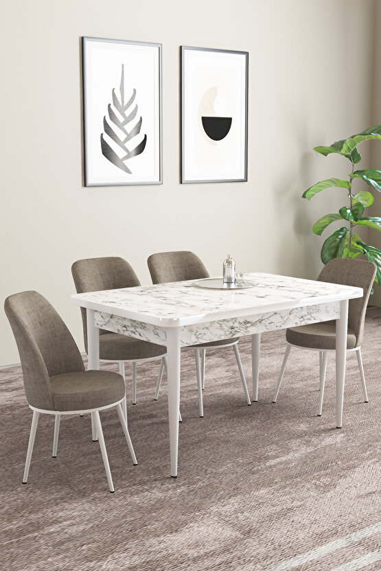 Emila Beyaz Mermer Desen 70x110 Sabit Mutfak Masası 4 Adet Sandalye