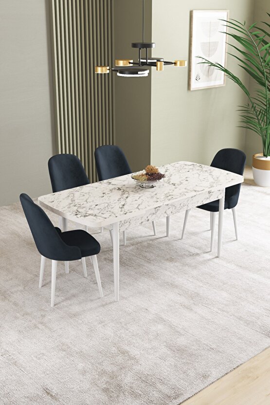 Ikon Beyaz Mermer Desen 80x132 Mdf Açılabilir Mutfak Masası Takımı 4 Adet Sandalye