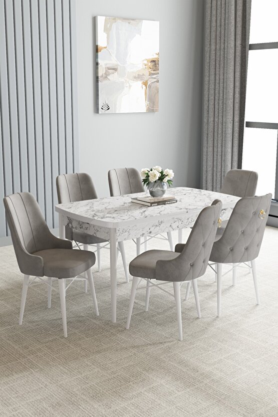 Loft Beyaz Mermer Desen 80x132 Açılabilir Mutfak Masası Takımı 6 Adet Sandalye