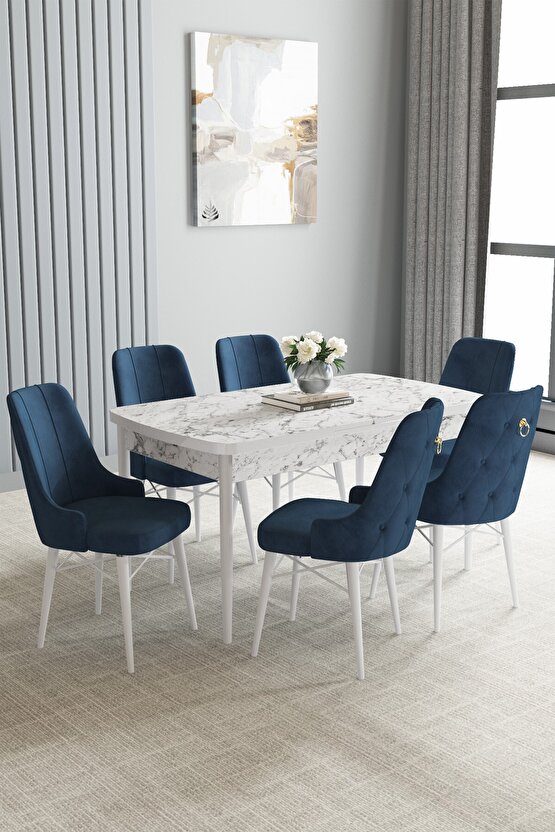 Beyaz Mermer Desen 80x132 Mdf Açılabilir Mutfak Masası Takımı 6 Adet Sandalye
