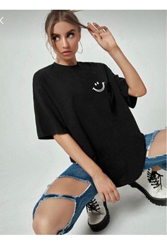 Oversize Unisex Siyah Gülücük Tshirt