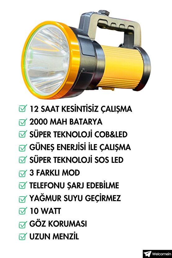 Şarjlı 12 Saat Kesintisiz Yağmura Dayanıklı Çok işlevli Güneş Enerjili Profesyonel LED El Feneri