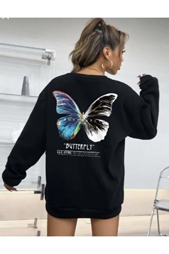 Kadın Oversize Beyaz Kelebek Detaylı Sweatshirt