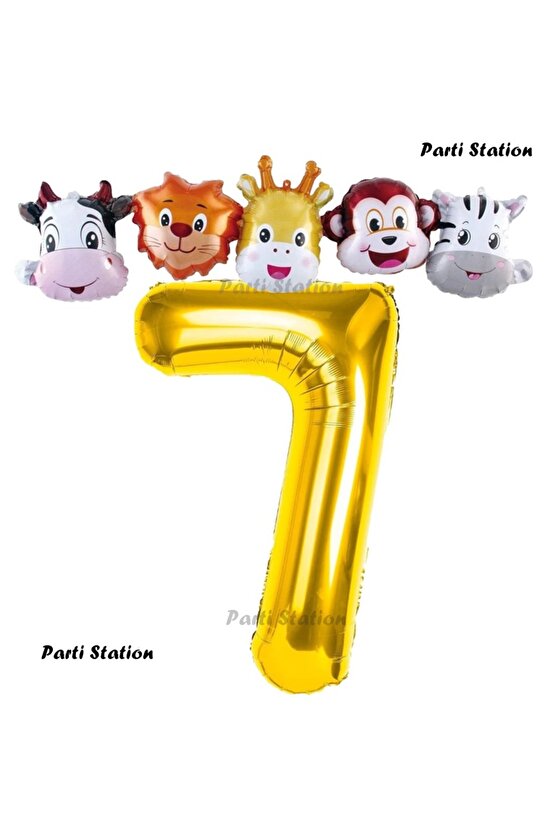 Altın Renk Rakam Balonlu Safari 7 Yaş Doğum Günü Parti Balon Set Safari Hayvanlar Tema Parti