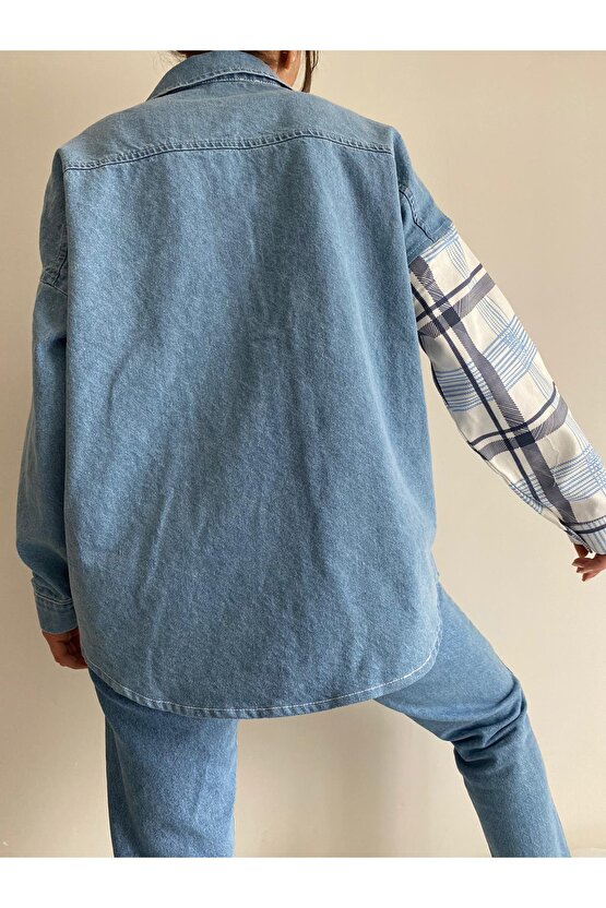 Kadın Ekoseli Dokuma Jeans Kot Ceket - Mavi