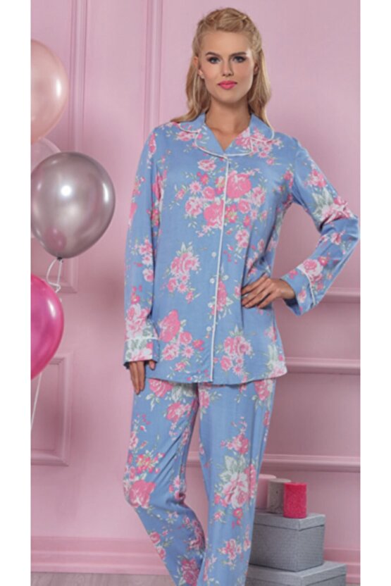 Önden Düğmeli Pijama Takım-2268 Mavi