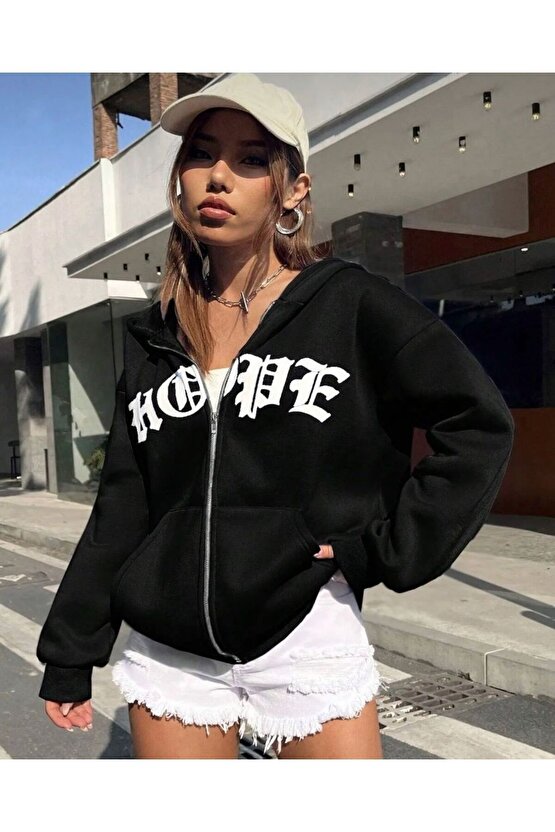 Kadın Kapşonlu Fermuarlı NOPE Baskılı Sweatshirt