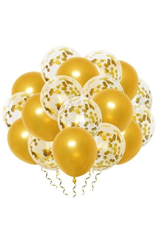 Gold Konfetili Şeffaf Balon Ve Metalik Gold Balon Seti 20 Adet