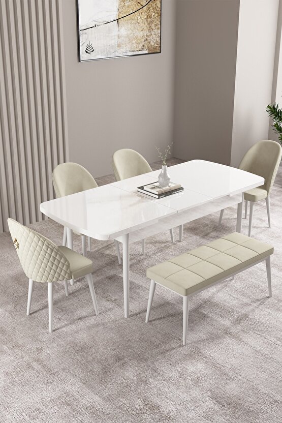 Milas Beyaz 80x132 Mdf Açılabilir Yemek Masası Takımı 4 Sandalye, 1 Bench