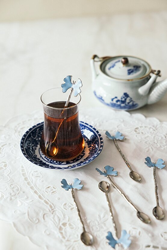 6lı Şıklık İkonu Gümüş & Mavi Kelebek Desenli Dekoratif Çay Kaşığı Seti