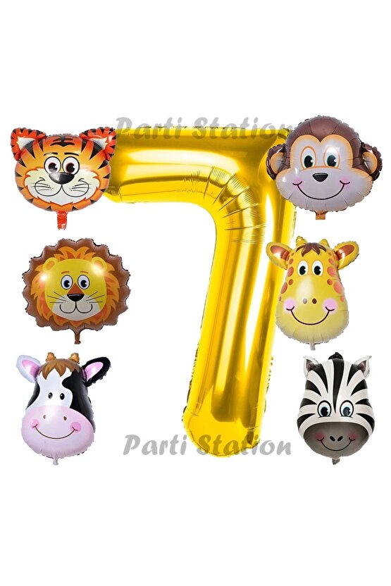 Altın Renk Rakam Balonlu Safari 7 Yaş Doğum Günü Parti Balon Set Safari Hayvanlar Tema Parti Set