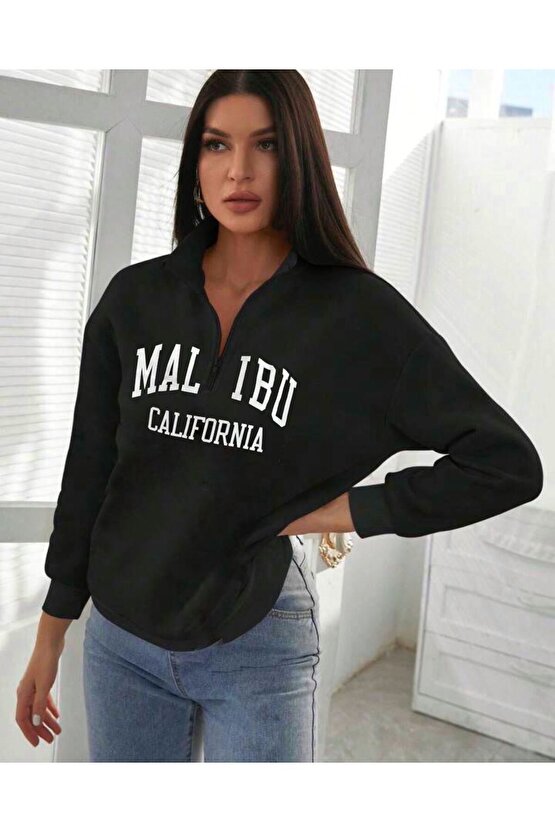 Kadın Siyah Yarım Fermuarlı Malibu Baskılı Dik Yaka Sweatshirt