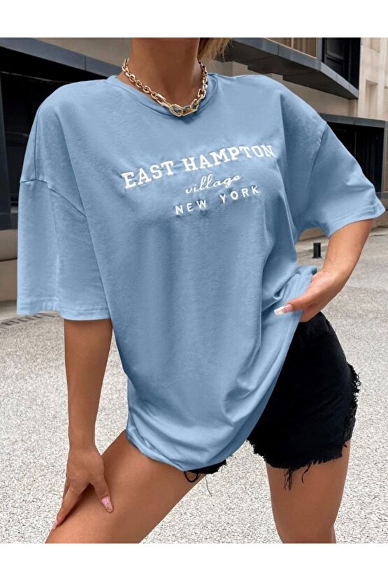 Kadın Oversize East Hampton Baskılı Bebe Mavisi Tshirt