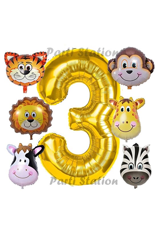 Altın Renk Rakam Balonlu Safari 3 Yaş Doğum Günü Parti Balon Set Safari Hayvanlar Tema Parti Set