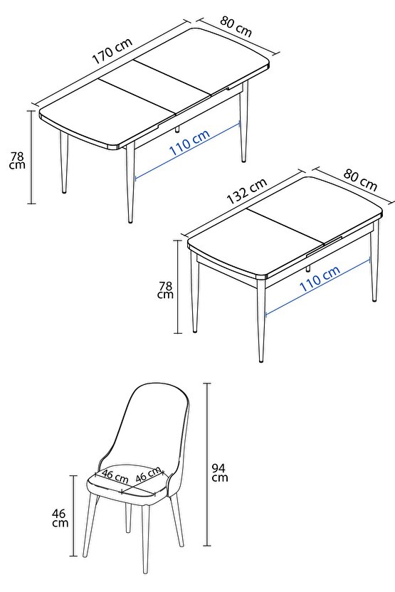 Ikon Siyah Mermer Desen 80x132 Mdf Açılabilir Mutfak Masası Takımı 6 Adet Sandalye