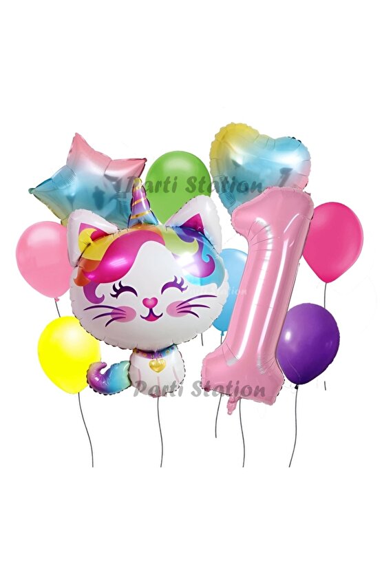 Unicorn Kedi Kitty Konsept 1 Yaş Doğum Günü Parti Balon Set Sevimli Unicorn Kedi Tema Parti Set