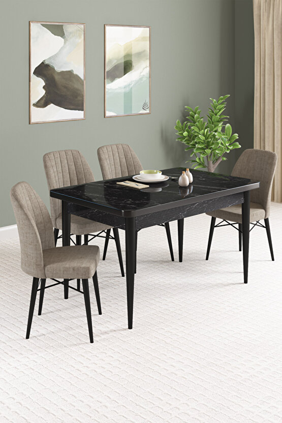 Vena Siyah Mermer Desen 70x110 Sabit Mutfak Masası 4 Adet Sandalye