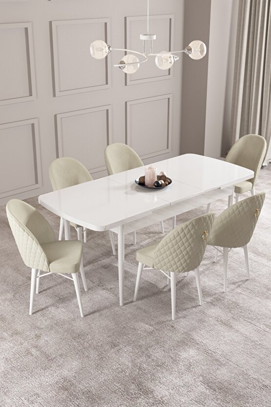 Calvin Beyaz 80x132 Mdf Açılabilir Mutfak Masası Takımı 6 Adet Sandalye