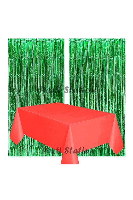 2 Adet Yeşil Renk Metalize Arka Fon Perdesi ve 1 Adet Plastik Kırmızı Renk Masa Örtüsü Set