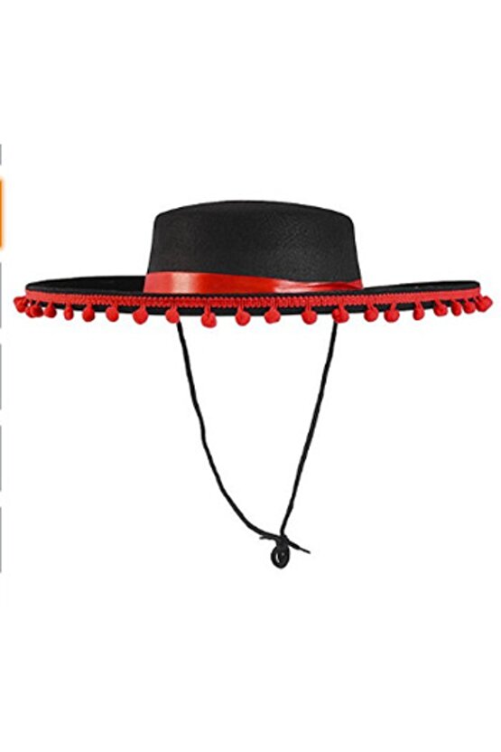 Kırmızı Ponponlu Siyah Renk Çocuk Ispanyol Şapkası