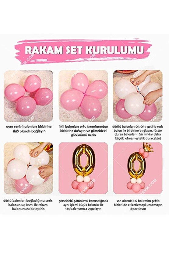 7 Yaş Krom Pembe-Gümüş Renkler Altın Taçlı Balon Seti