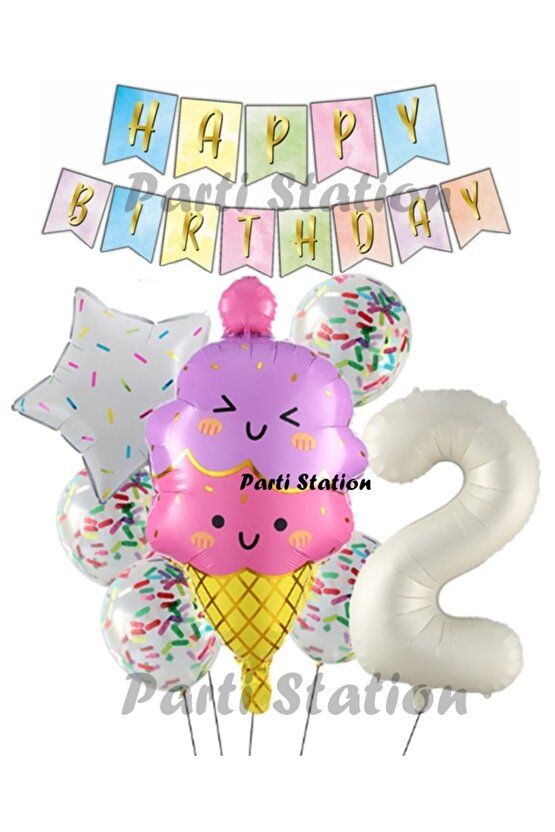 İce Cream Dondurma Konsept Doğum Günü 2 Yaş Balon Set Yaz Tema Sevimli Dondurma Folyo Balon Set