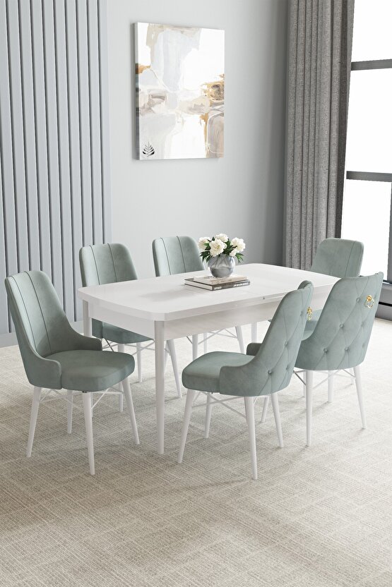 Jusie Beyaz 80x132 Açılabilir Mutfak Masası Takımı 6 Adet Sandalye