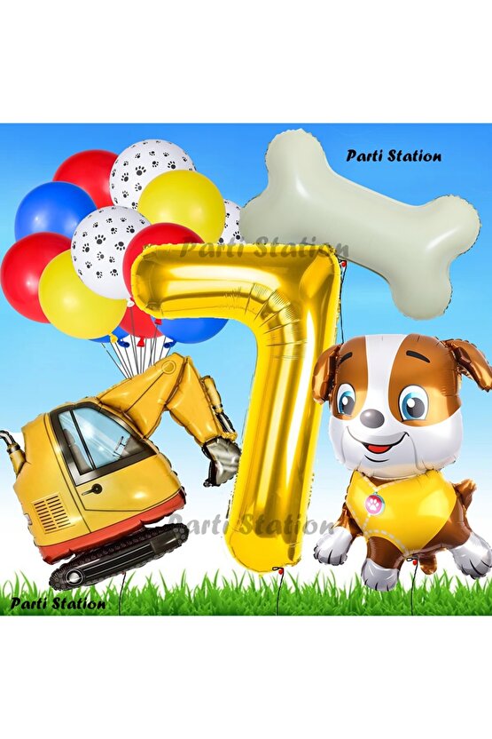 Paw Patrol Rubble Dozer Araçlı Köpek Konsept 7 Yaş Doğum Günü Parti Balon Set Paw Patrol Kemik Balon