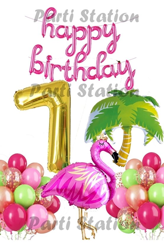 Tropikal Konsept Parti Flamingo 7 Yaş Doğum Günü Balon Seti Yaz Temalı Tropikal Flamingo Parti