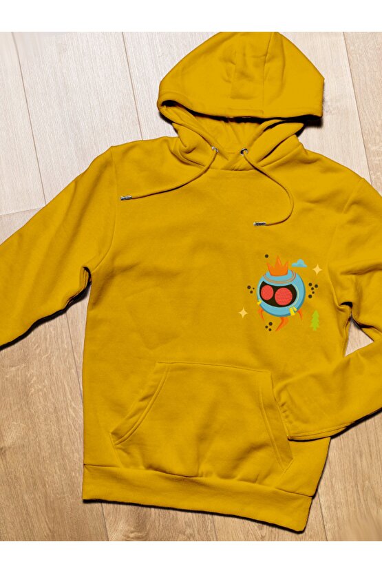 Canavar Baskılı Tasarım 3 Iplik Kalın Sarı Hoodie Sweatshirt