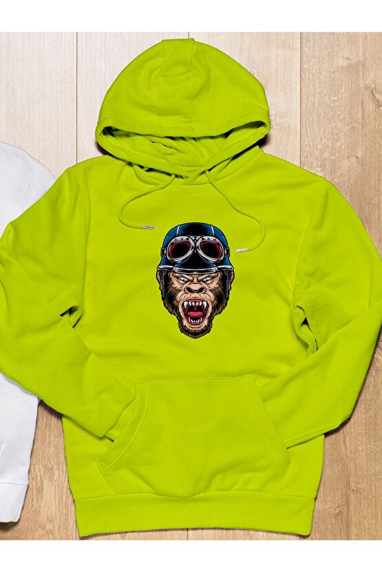 Kızgın Maymun Baskılı Oversize Fosforlu Sarı 3 Iplik Kalın Sweatshirt Hoodie