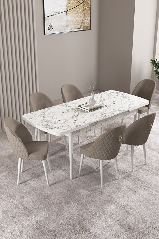 Milas Beyaz Mermer Desen 80x132 Mdf Açılabilir Mutfak Masası Takımı 6 Adet Sandalye