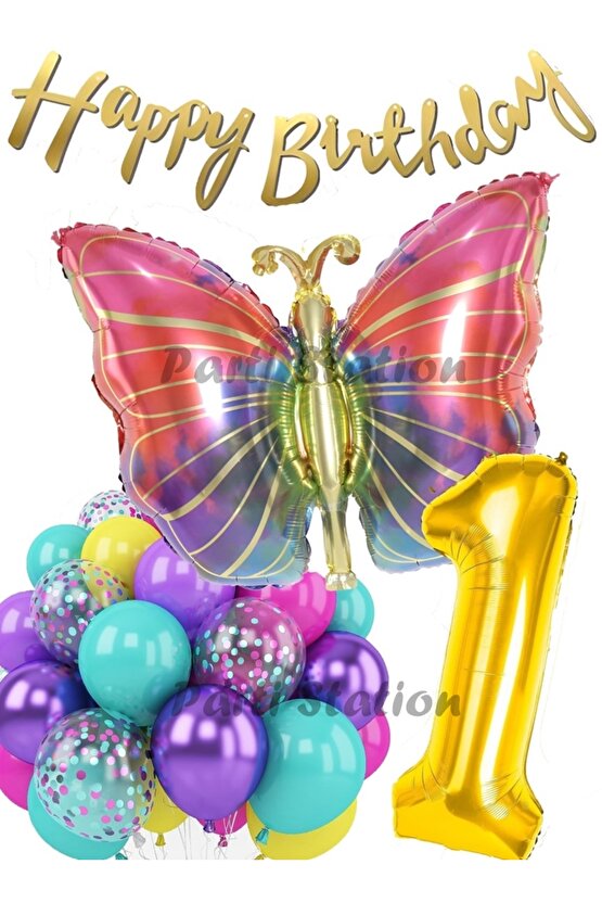 Rengarenk Kelebek 1 Yaş Balon Set Colorfull Butterfly Gökkuşağı Konsept Parti Doğum Günü Balon Seti