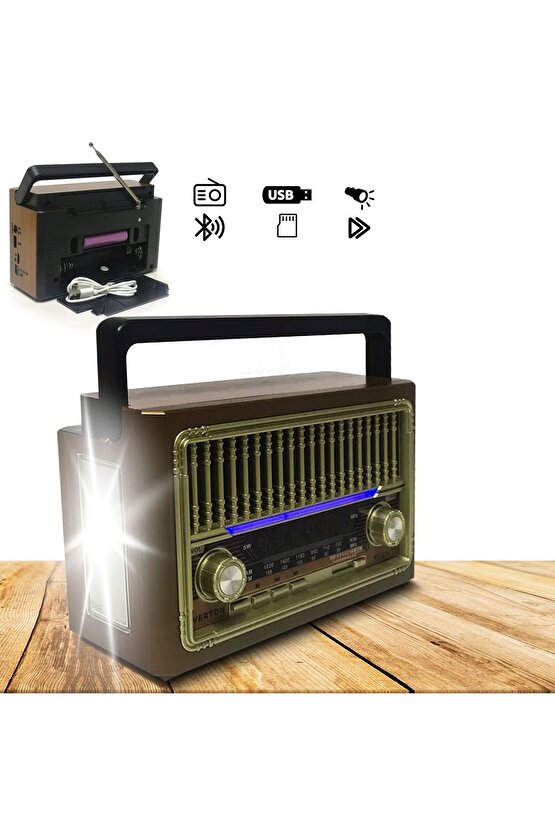 Nostaljik Fm Radyo Şarjlı Taşınabilir Fenerli Bluetooth Hoparlör Sd kart Usb Girişli Mini Speaker