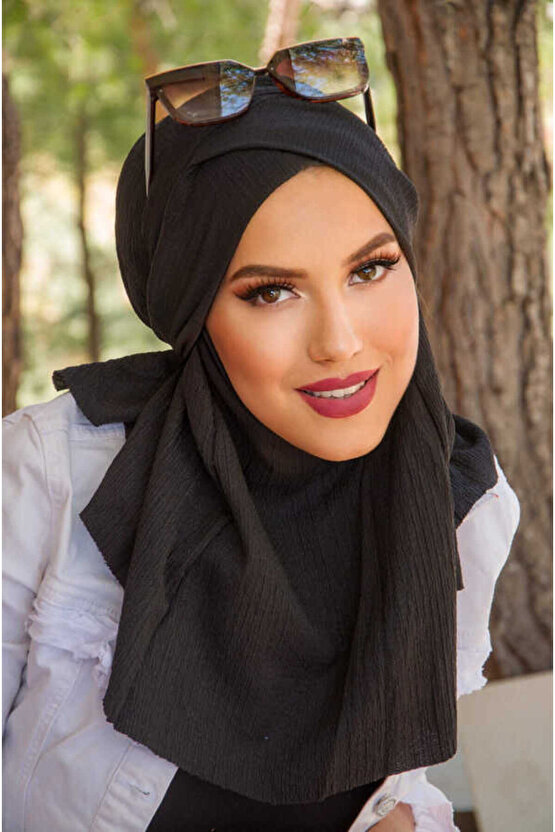Siyah Bürümcük Çapraz Bantlı Medium Size Hijab - Hazır Şal