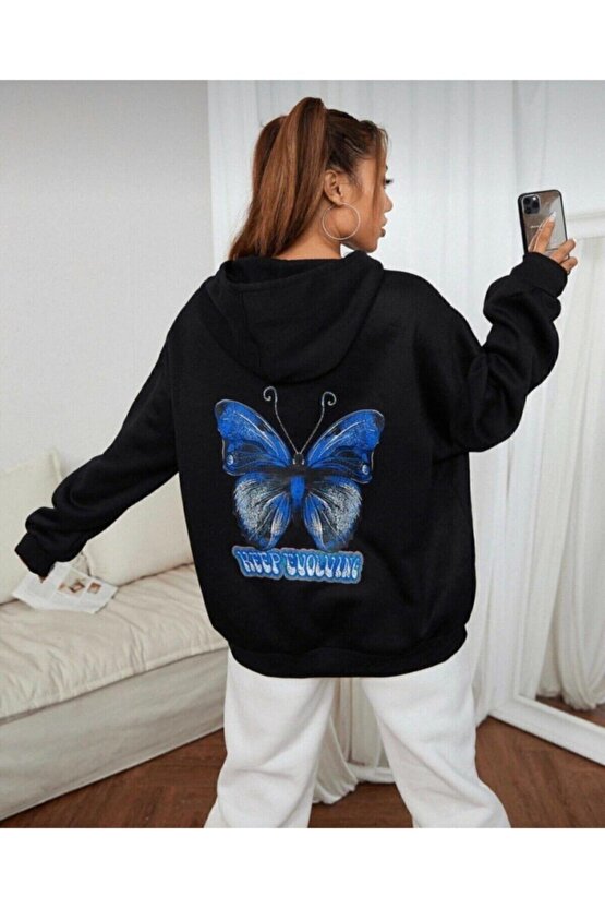 Oversize Siyah Kapşonlu Butterfly Sweatshirt