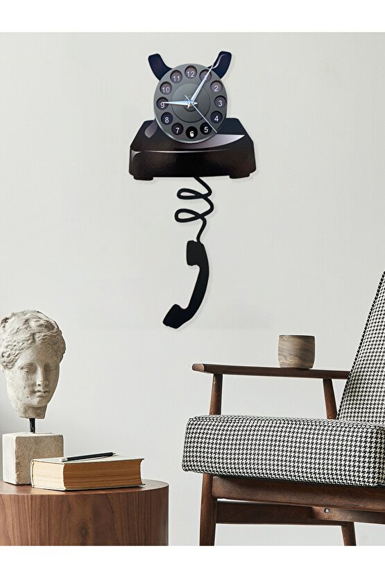 Nostaljik Telefon Dekoratif Sarkaçlı Duvar Saati